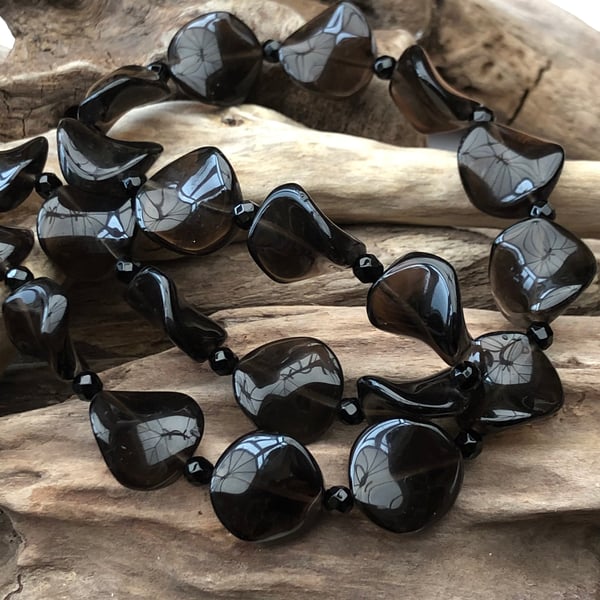 Smokey quartz 15mm & 4mm facetted black onyx bead necklace -00000139