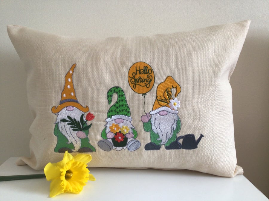 Gnomes spring cushion. Embroidered. Cream.
