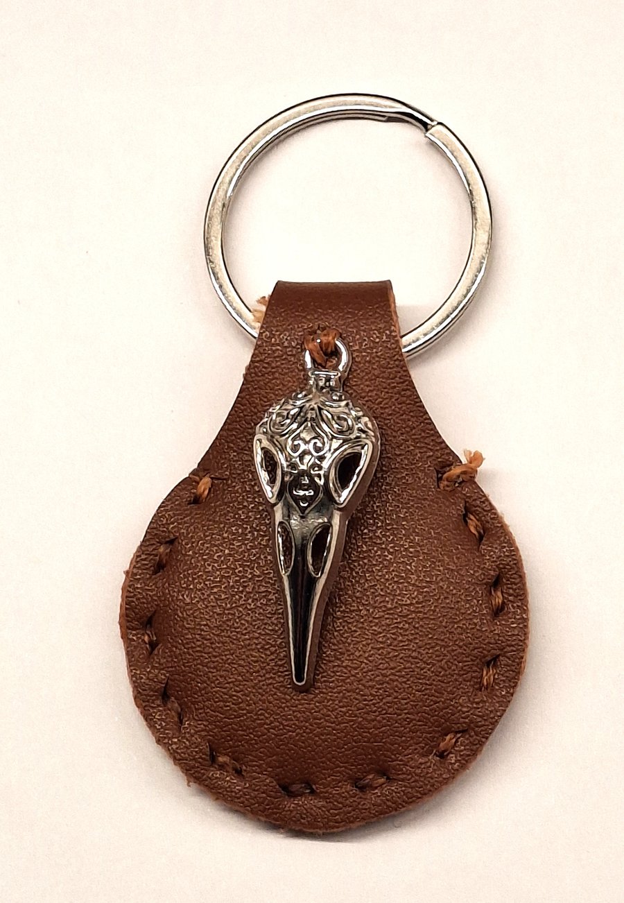 Brown Leather Hand Stiched Keyring. with Bird Skull Charm.  FREE Postage