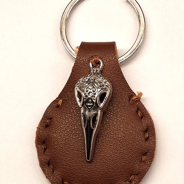 Brown Leather Hand Stiched Keyring. with Bird Skull Charm.  FREE Postage