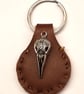 Brown Leather Hand Stiched Keyring. with Bird Skull Charm.  FREE Postage
