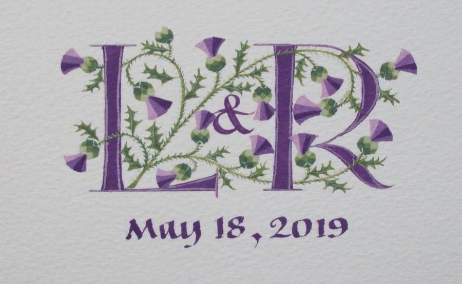 Two letters in purple with Thistles handmade wedding gift.