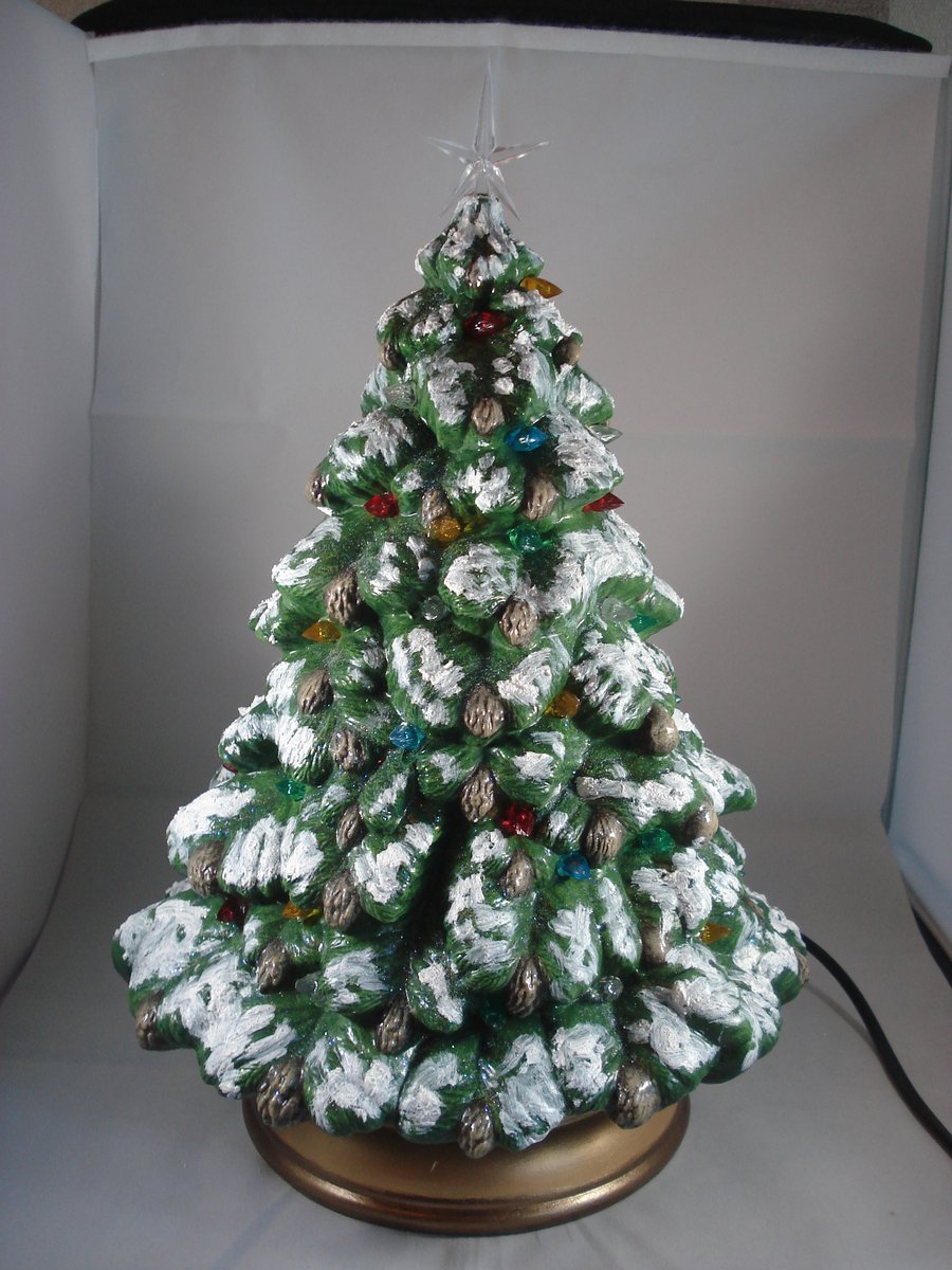 Snowy Green Ceramic Xmas Christmas Tree Table Lamp Light Ornament Decoration.