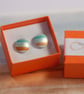 Circular stud earrings, sea and sand coloured stripes on anodised aluminium. - Image 4
