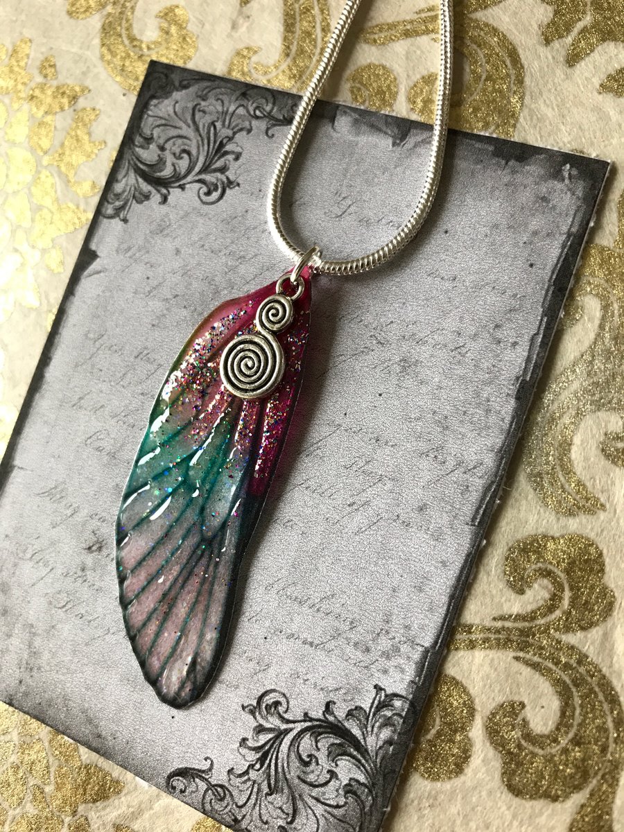 Dark Pink Glitter Spiral Sterling Silver Fairy Wing Necklace Pendant