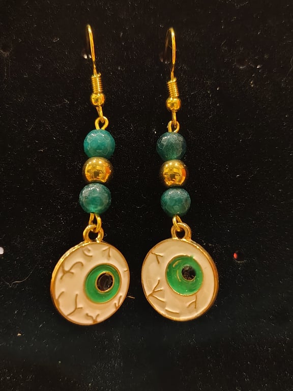 Gold-Plated Green Quartz Halloween Eye Earrings