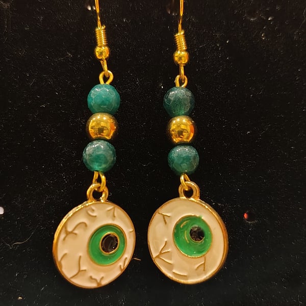 Gold-Plated Green Quartz Halloween Eye Earrings