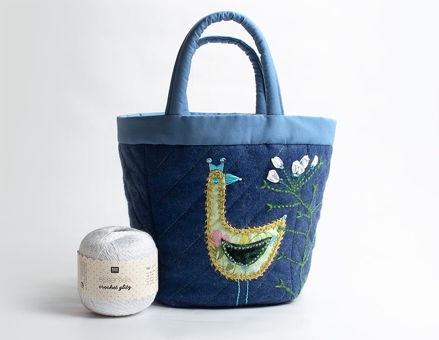 Denim colour wool felt project bag with hand embroidered bird and dead nettle