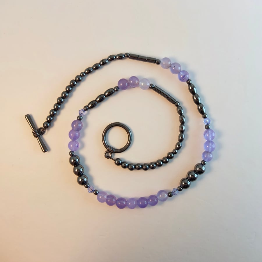 Sky Quartz and Hematite Necklace with Swarovski Provence Lavender Crystals