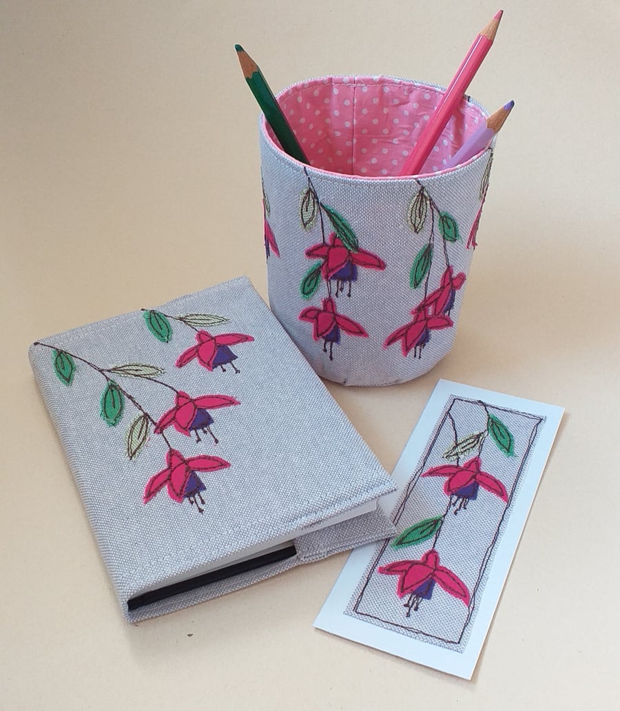 Beautiful Bundle - Notebook, Pencil Pot and Bookmark with Embroidered Fuchsias