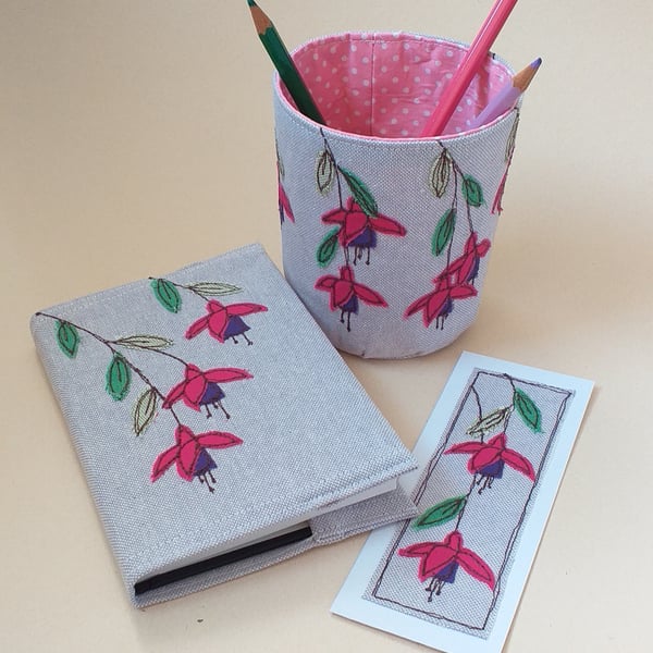 Beautiful Bundle - Notebook, Pencil Pot and Bookmark with Embroidered Fuchsias