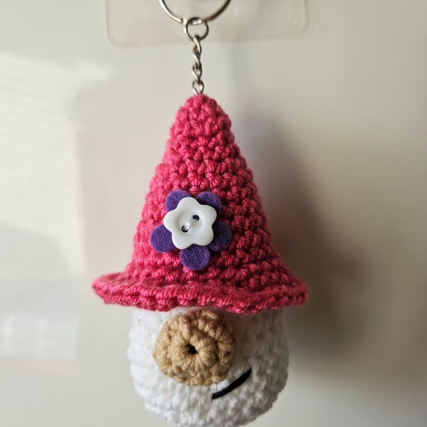 Cheeky gnome keyring or bag charm with flower embellishment