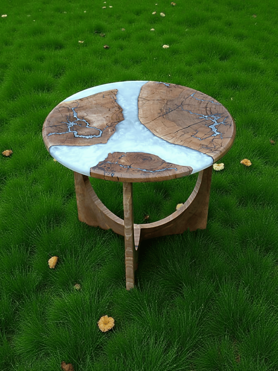 Walnut & Pearl Epoxy Table – Silver Fractal Inlay, Handmade Accent