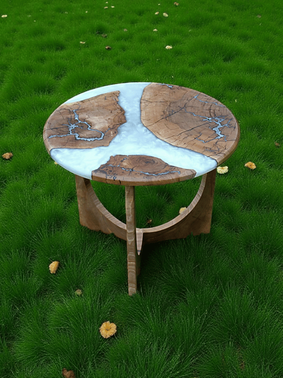 Walnut & Pearl Epoxy Table – Silver Fractal Inlay, Handmade Accent