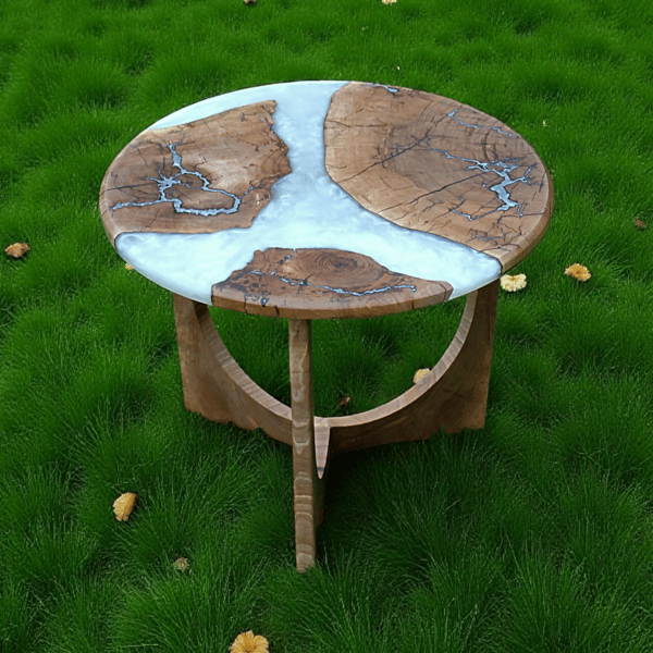 Walnut & Pearl Epoxy Table – Silver Fractal Inlay, Handmade Accent