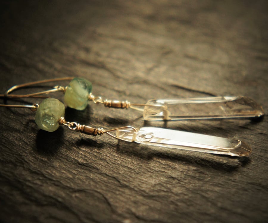 Sea Green Faceted Aquamarine, Quartz and Sterling Silver Dangle Earrings
