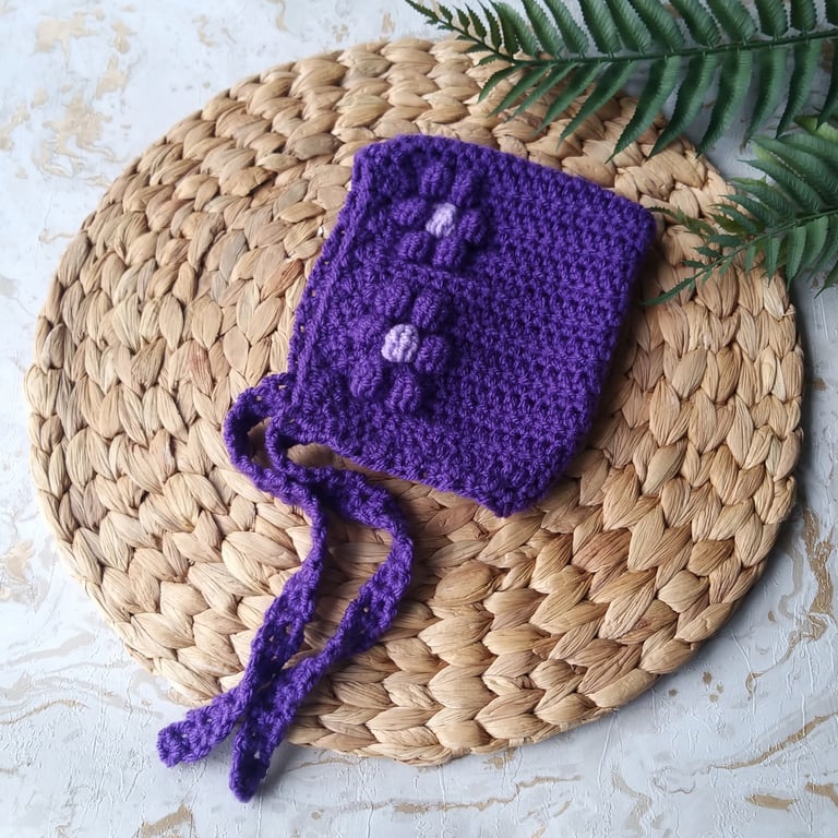 Crochet Flower Pixie Bonnet Hat 0-6 months Royal Purple