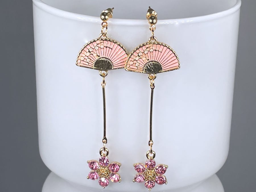 JAPANESE BLOSSOM EARRINGS Crystal sakura drop fan enamel kawaii