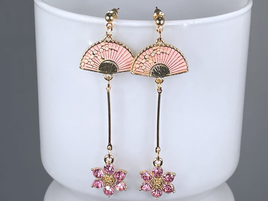 JAPANESE BLOSSOM EARRINGS Crystal sakura drop fan enamel kawaii