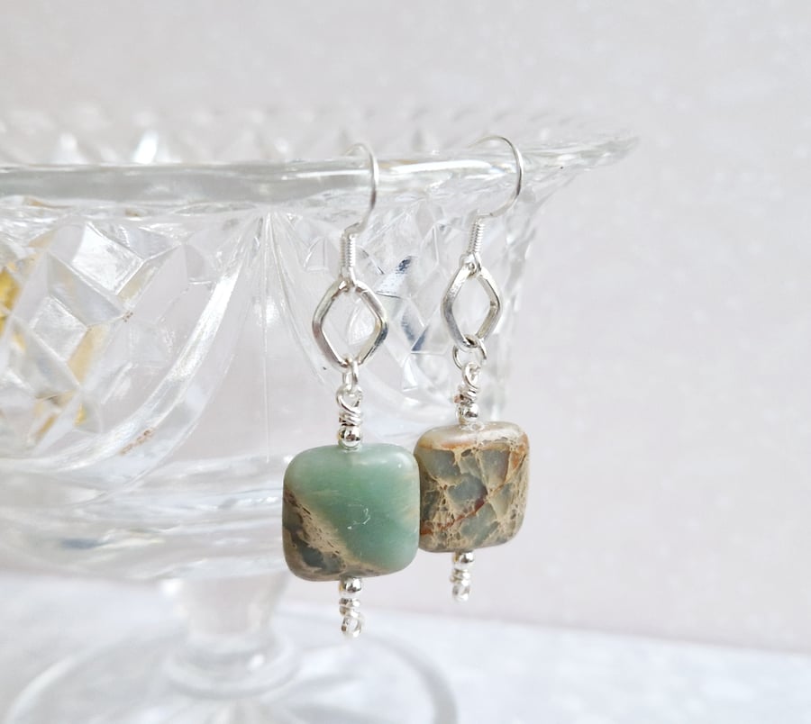 Sterling Silver Mint Impression Jasper Square Earrings