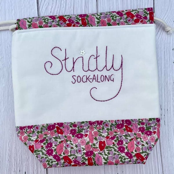 'Strictly Sock-Along' Project Bag with Hand Embroidery - Violet