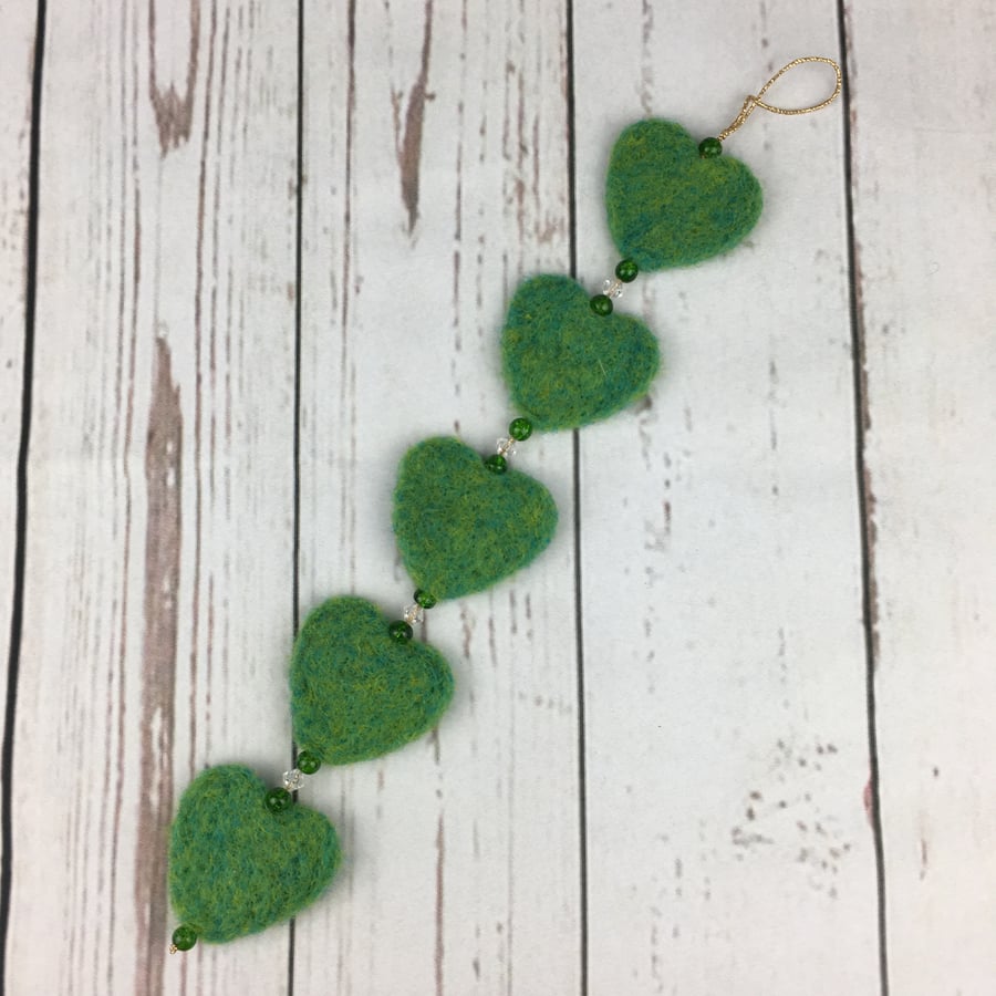 Needle felted heart and bead garland in green