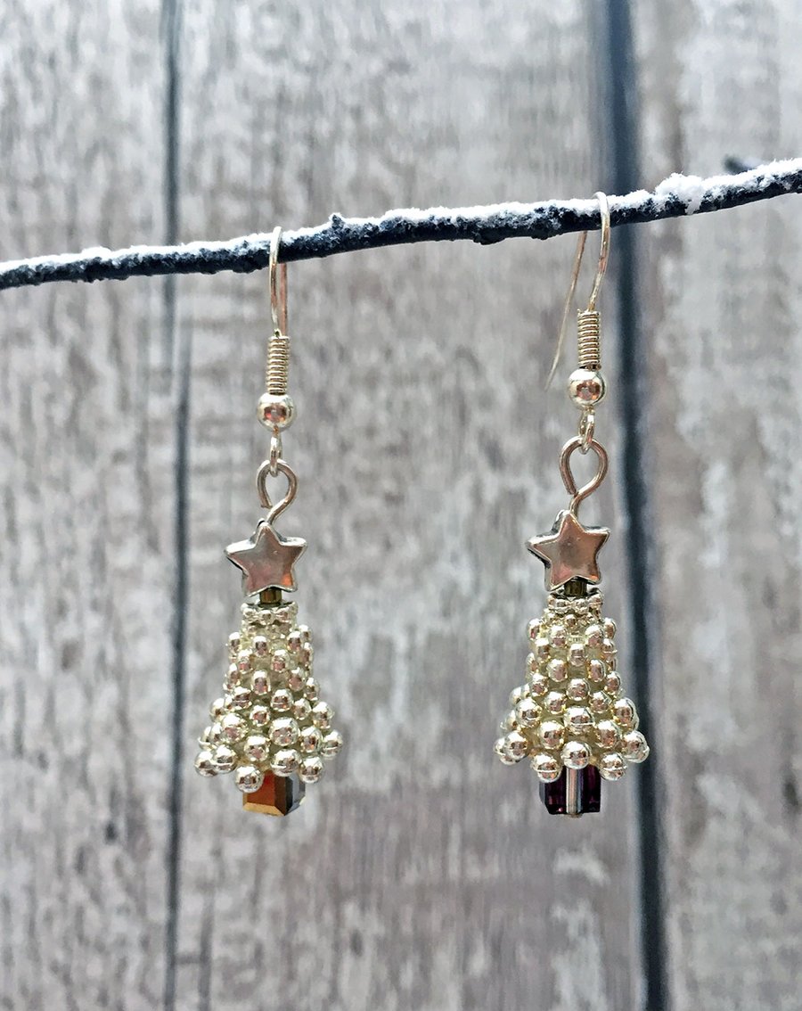 Christmas Tree spacer sparkle dangle earrings with gold coated cube crystal