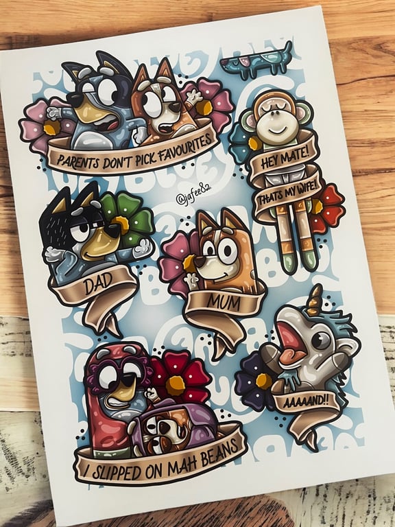 Bluey inspired Full Colour New School Tattoo Flash Print