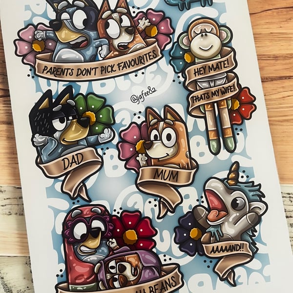 Bluey inspired Full Colour New School Tattoo Flash Print