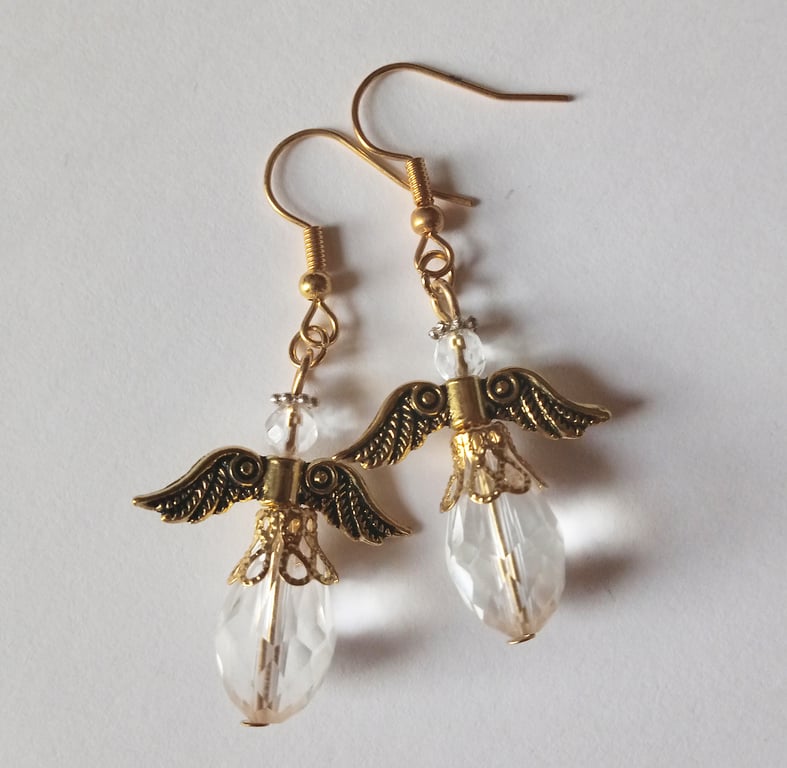 Gold Plate Clear Crystal Angel Earrings
