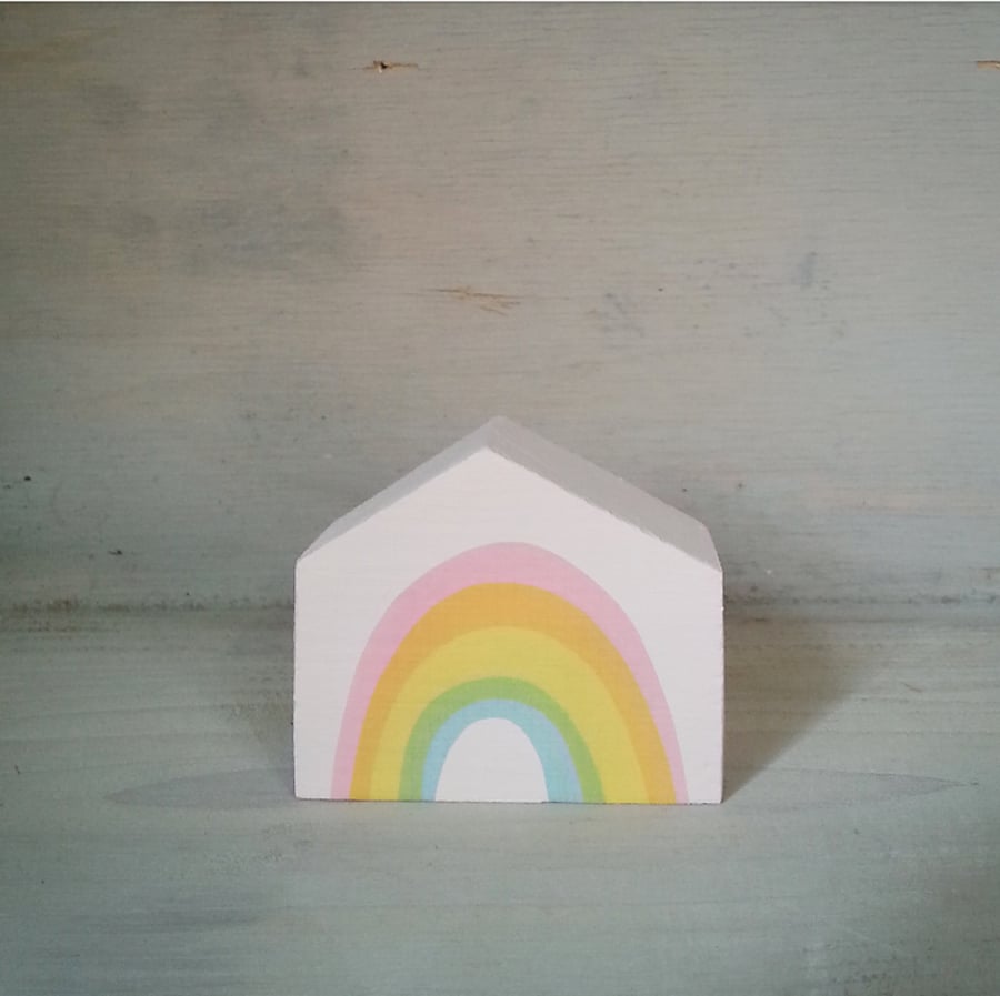 Miniature Wooden House, Rainbow House, Little House Ornament, Housewarming Gift