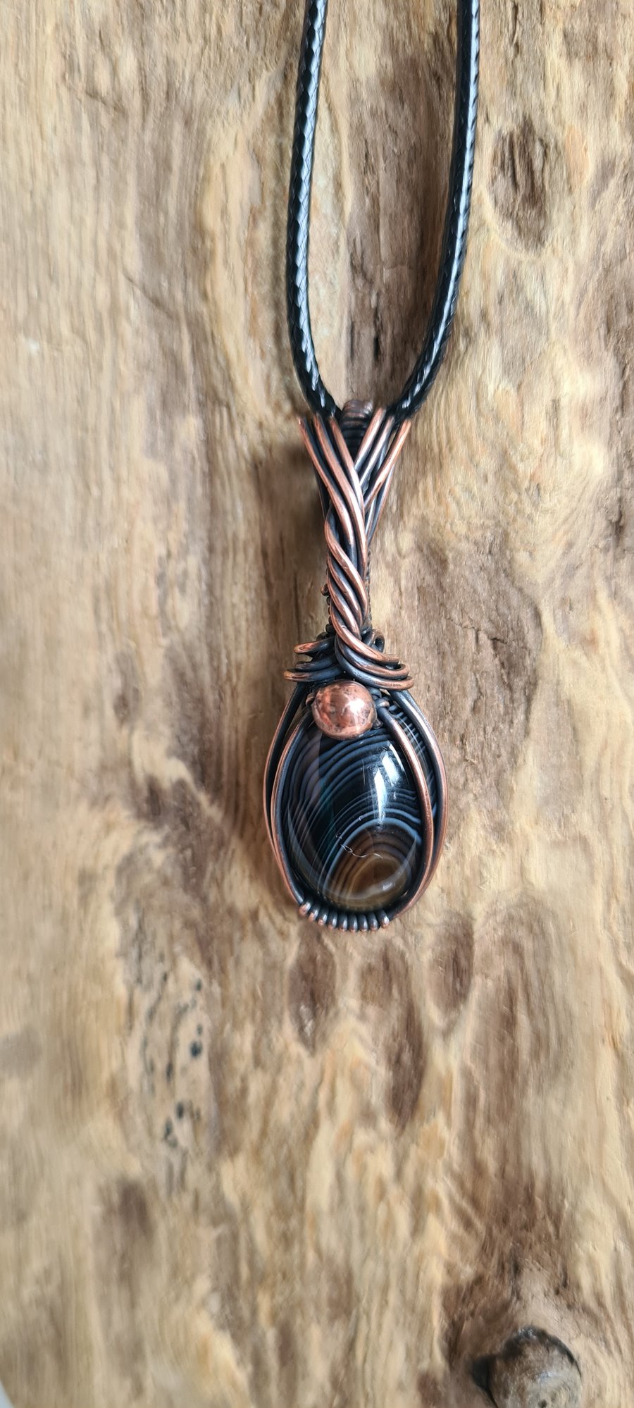 Mens Unisex Banded Agate & Copper Pendant Necklace Gift Crystal Jewellery Viking