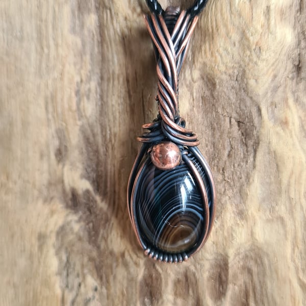 Mens Unisex Banded Agate & Copper Pendant Necklace Gift Crystal Jewellery Viking