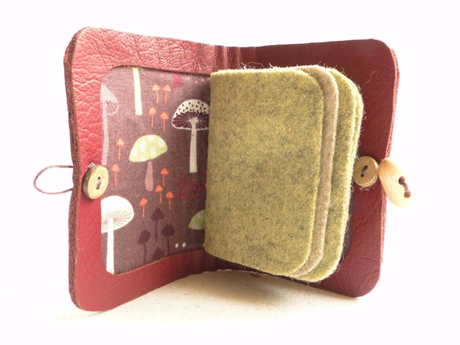 Toadstool Needle Case - Sewing Accessory - Burgundy Leather Needle Book 