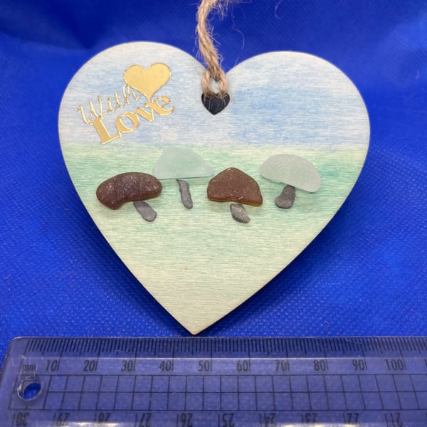 Wooden heart with 'with love' sentiment made  with sea glass.