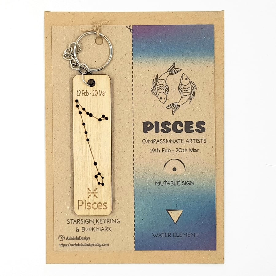 Pisces Zodiac Star Sign Constellation Wooden Keyring & Bookmark Gift