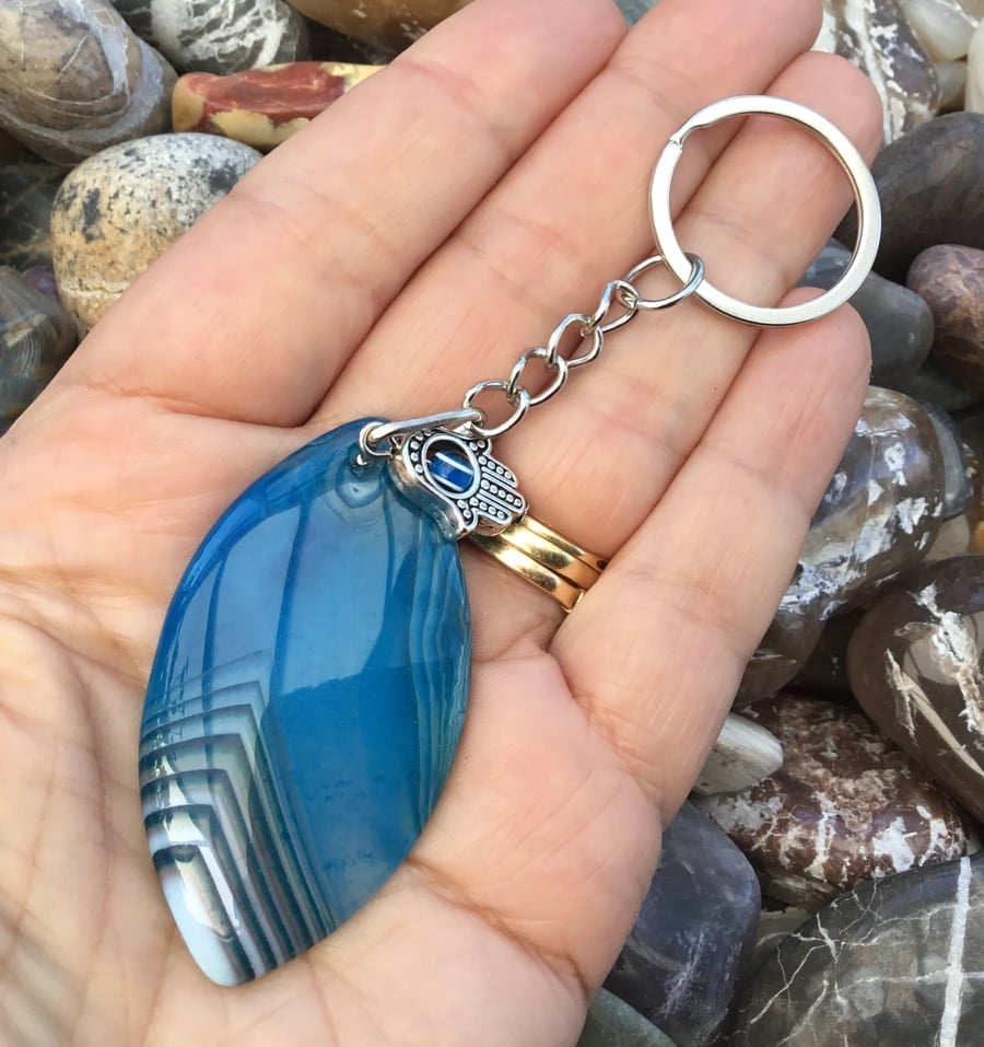 Charmed Aqua Wave! Beautiful Banded Agate Gemstone Keyring or Handbag Charm.