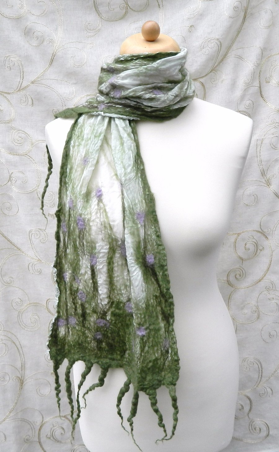 Green Lilac Scarf Shawl Wrap Silk and Wool Felted Nuno Nature Lavender