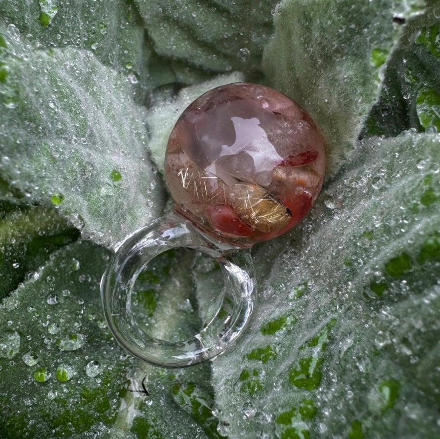 Rutilated Quartz, Carnelian and Clear Quartz Resin Ring. Size L