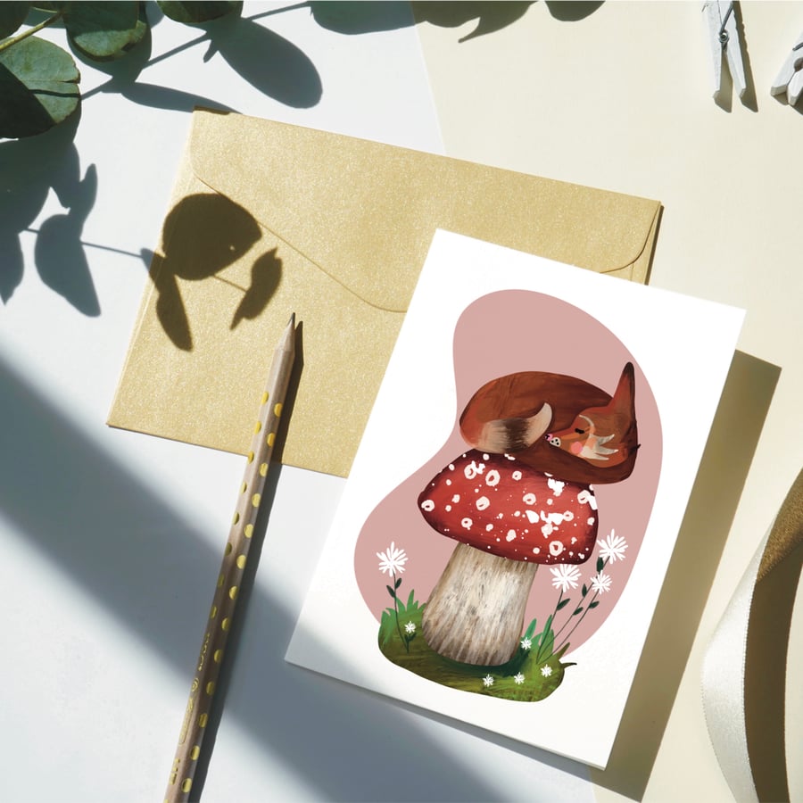 Fox on a Mushroom Autumn Season  Illustrated Woodland Creature Greeting Card