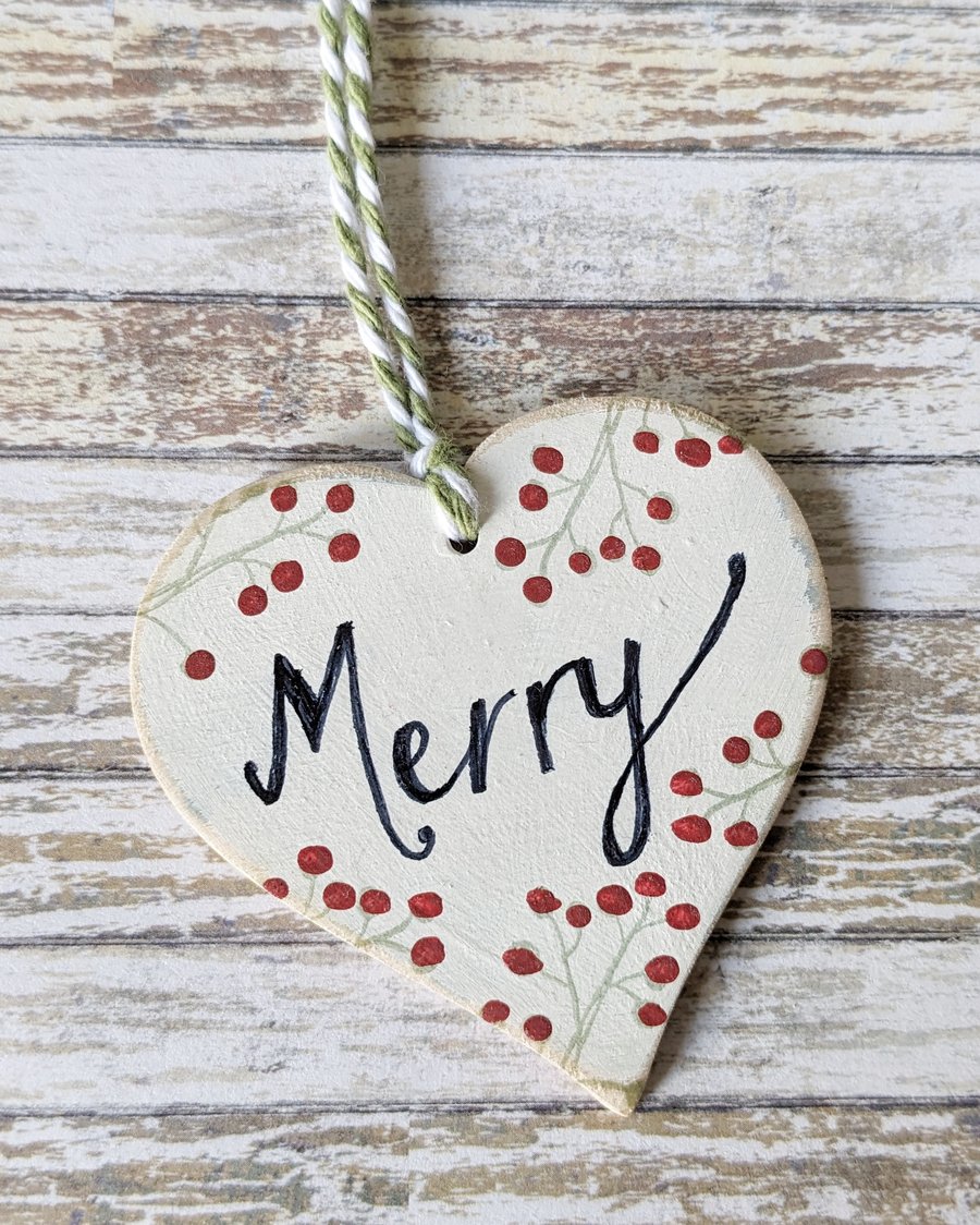 Hand Painted Wooden Heart Hanging Decoration 'Merry'