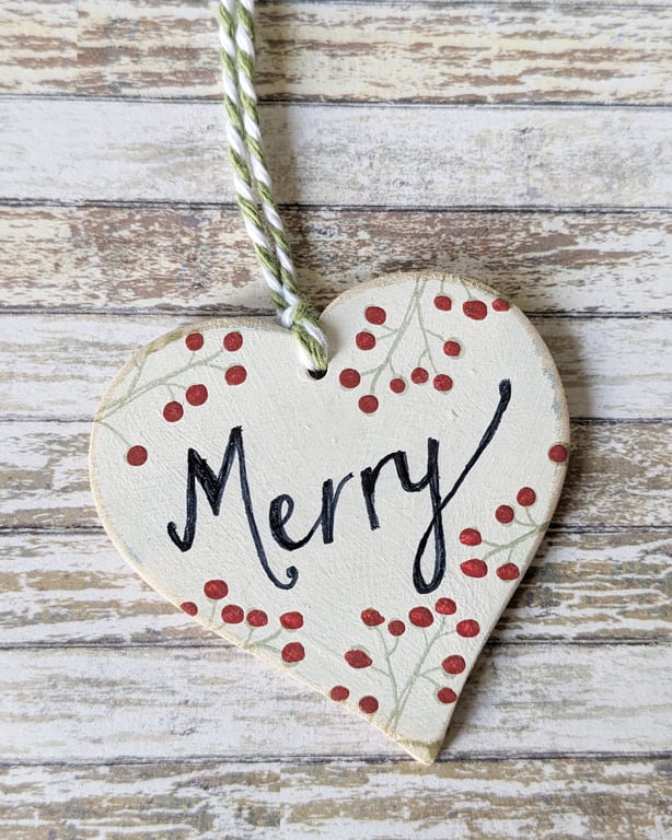 Hand Painted Wooden Heart Hanging Decoration 'Merry'