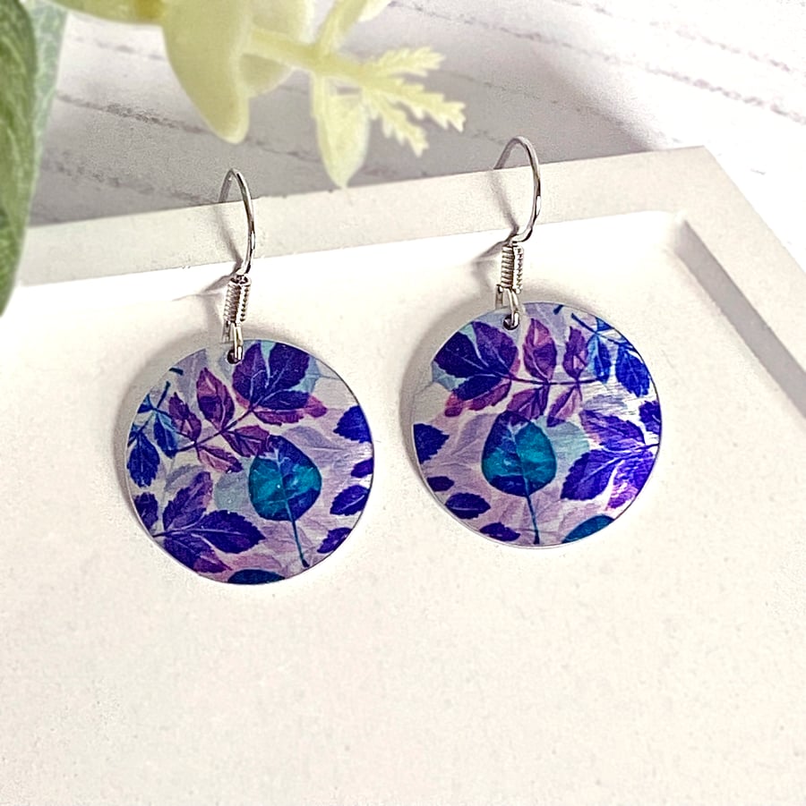 Purple leaf drop earrings, discs dangle on sterling silver ear wires (488)