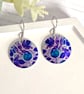 Purple leaf drop earrings, discs dangle on sterling silver ear wires (488)