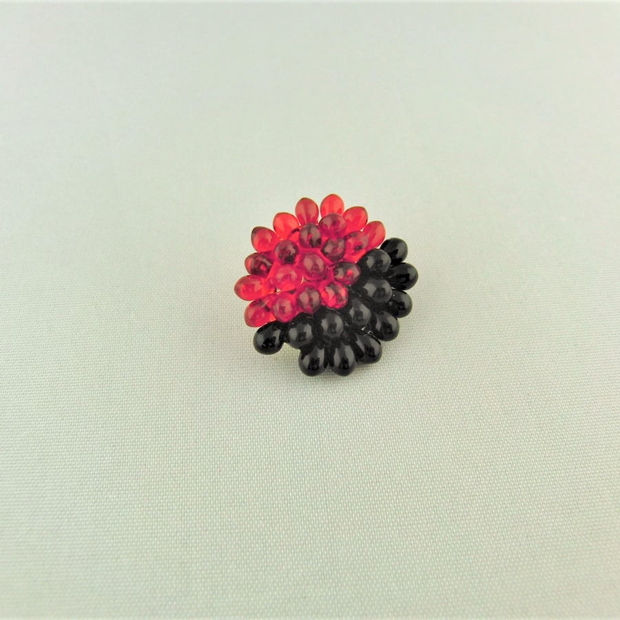 Hand Sewn Black and Red Beaded Ladies Small Brooch