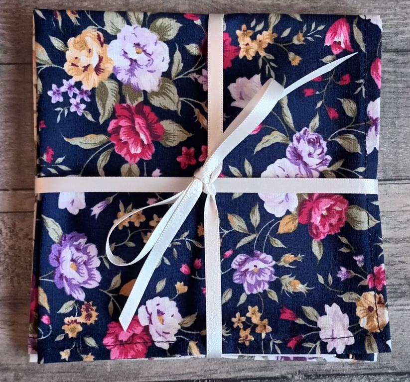 A Pair Of Ladies Floral Cotton Handkerchiefs, Blue And Cream. Free Delivery.