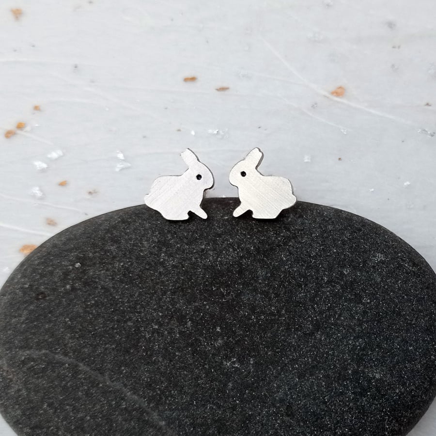 Recycled sterling silver rabbit stud earrings – cute handmade animal jewellery 