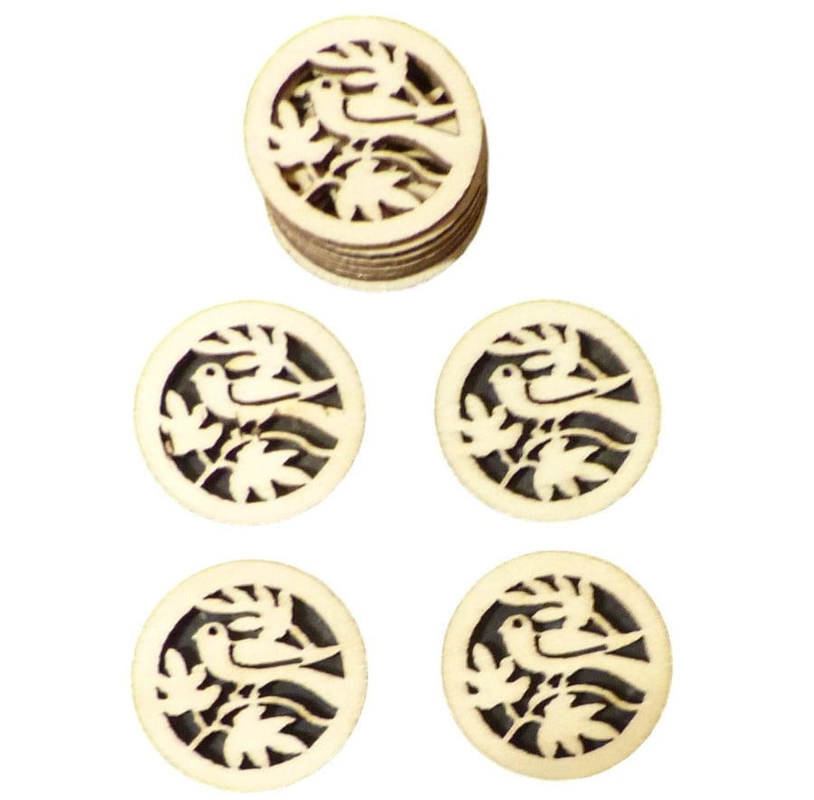 50pcs Rustic Round Wooden Circles with Bird and Leaves Confetti Embellishments f