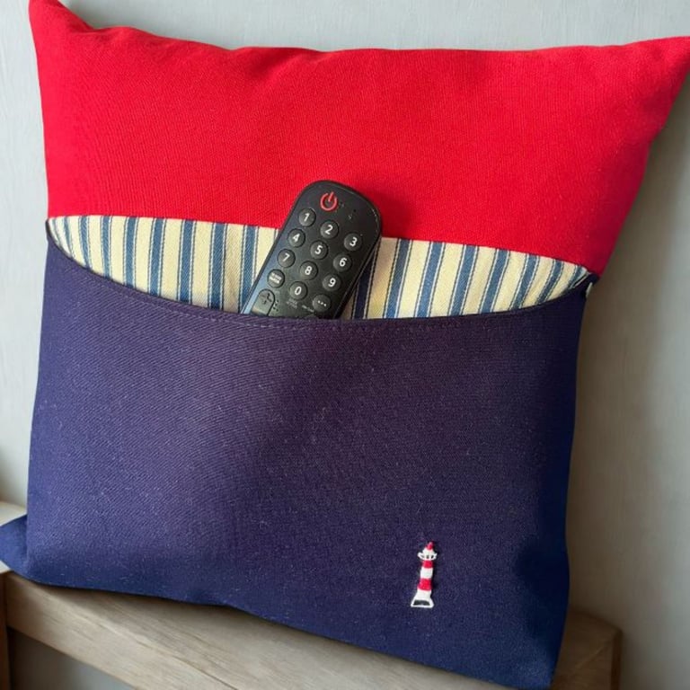 Seaside Cushion Cover – Navy Red White Stripes, Lighthouse & Handy Pocket, 40cm 