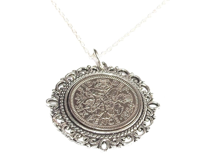 Fancy Pendant 1954 Lucky sixpence 70th Birthday plus a Sterling Silver 18in Chai